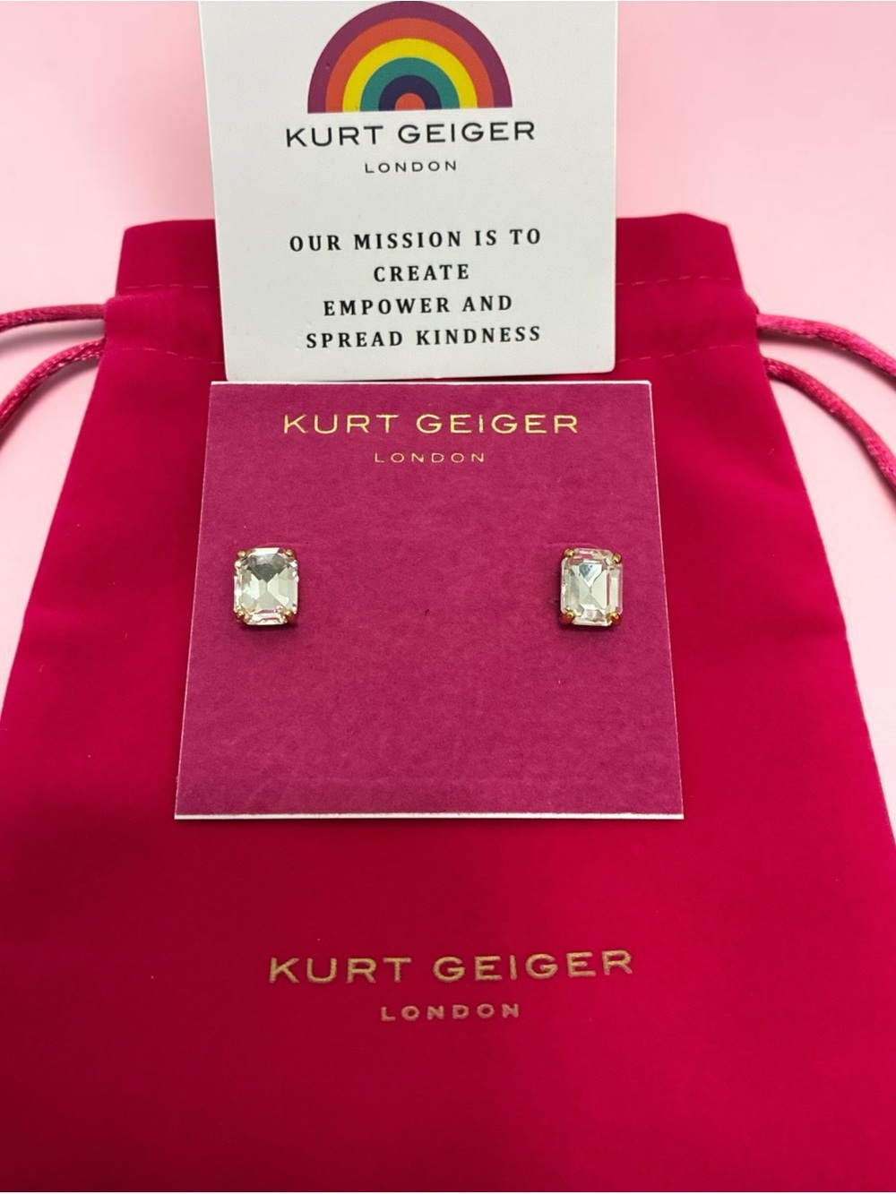 NWT Kurt Geiger London Emerald Cut Crystal Stud Earrings Gold Tone